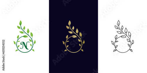 Botanical plant twigs growth logo design with initial brand identity name logo symbol. linear flower vector illustration set. leaves symbol for gardening logo and cosmetics