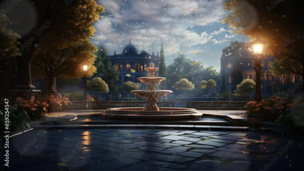  view of the garden area with fountain background.  with anime or cartoon style. seamless looping time-lapse virtual video animation background
