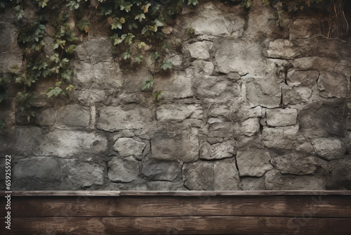 stone wall background texture with ivy and weathered blocks  surface material