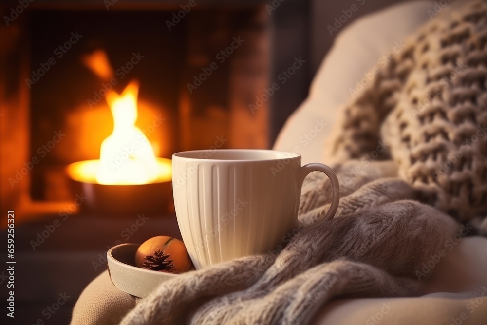 Christmas morning in a cozy chalet with a warming cup of tea in front of the fireplace. Atmospheric photo with the mood of a cozy home.