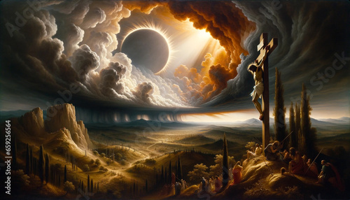 Canvas Print Divine Enlightenment in the Shadows: The Solar Eclipse of Salvation in the Crucifixion, Sacrifice and Death of Jesus Christ on the Cross on Golgotha Hill on Good Friday