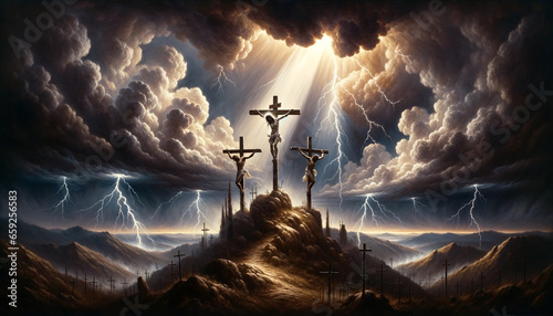 Unfolding Golgotha's Drama: The Electrified Crucifixion of Jesus Christ Between Two Criminals, Enveloped by Lightning, Dark Clouds, and Golden Sun Rays in Divine Illumination