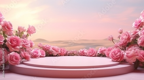 Podium background flower rose product pink 3d spring table beauty stand display nature white. Garden rose floral summer background podium cosmetic valentine easter field scene gift purple day romantic © Максим Зайков
