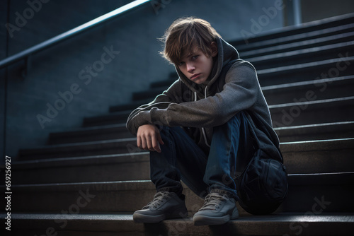 Depressed school boy sitting alone at stairs photo