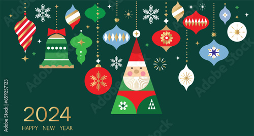 Merry Christmas and Happy New Year 2024  holiday template design banner, poster, card, cover  Gifts, Santa, ball toy, christmas tree, snowflake   Modern Xmas flat cartoon cute vector illustration
