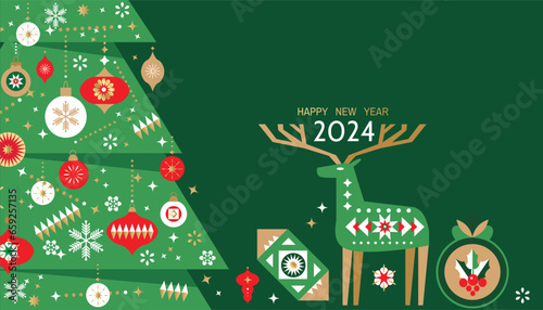 Merry Christmas and Happy New Year 2024  holiday template design banner, poster, card, cover  Gifts, Santa, ball toy, christmas tree, snowflake   Modern Xmas flat cartoon cute vector illustration