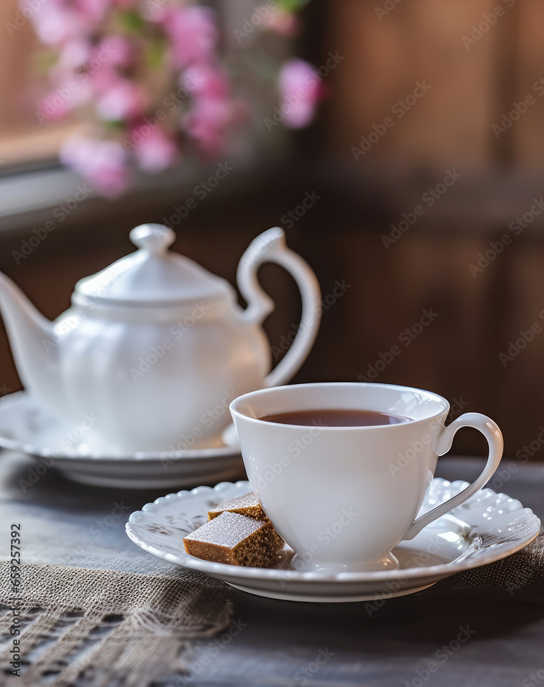.White tea set with cookies on a wooden table on a background of flowers .White tea set with cookies on a wooden table on a background of flowers