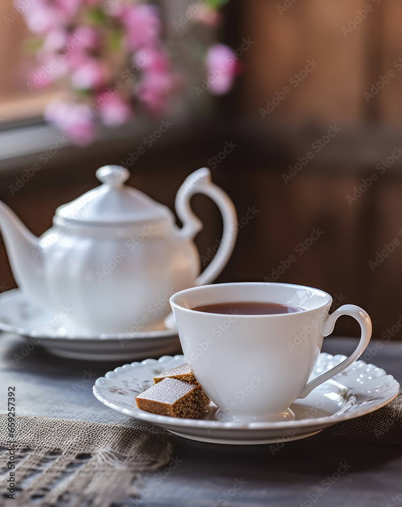 .White tea set with cookies on a wooden table on a background of flowers