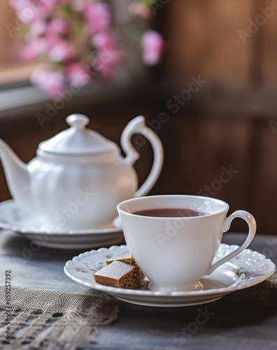 .White tea set with cookies on a wooden table on a background of flowers