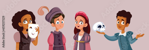 Kids from an Acting Club Together Playing Different Characters Vector Illustration. Young actors learning techniques in drama art school 
