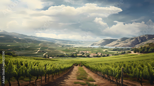 a vineyard in Rioja with rolling hills and green grape patches photo