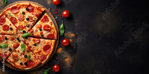 Rustic italian delight. Homemade pizza on table. Savoring flavors. Delicious pizzas. Fresh ingredients on wooden board