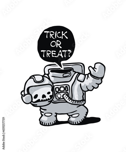 Halloween sticker design with headless astronaut waving his hand 