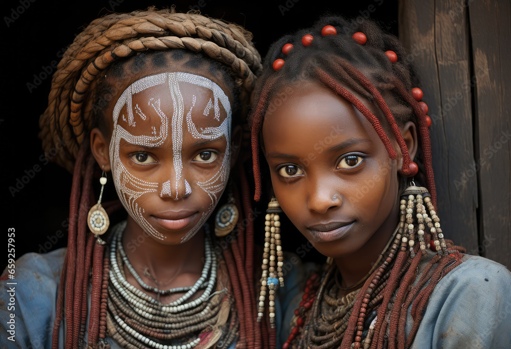 two women in traditional village in ethiopia - obrazy, fototapety, plakaty 