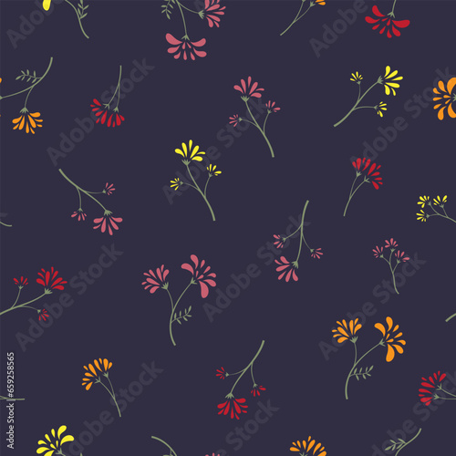 Seamless pattern with hand-drawn, colorful, and cute flowers on a purple background. © dom45