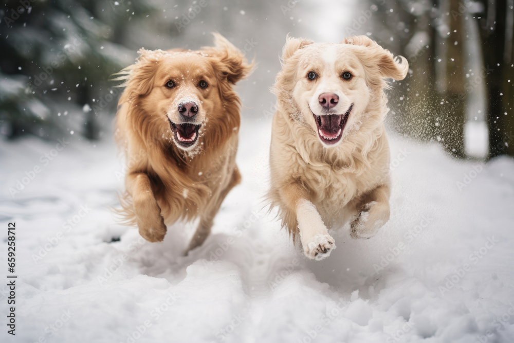 Two happy playful dogs running in a winter forest