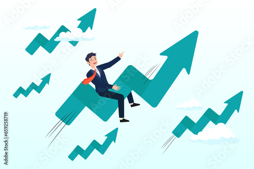 Confidence businessman riding fast speed green rising up graph to the top, stock market price rising up skyrocket in bull market, positive growing up business or ambition for winner investor (Vector)