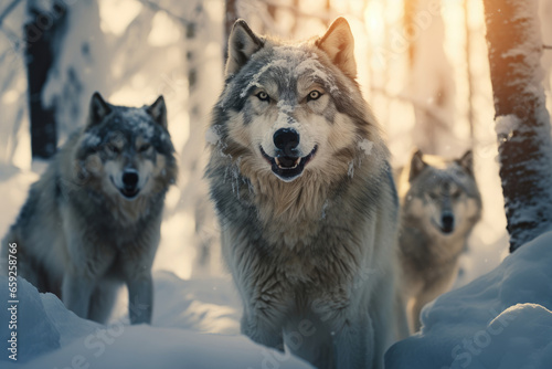 Pack of wolves in winter forest