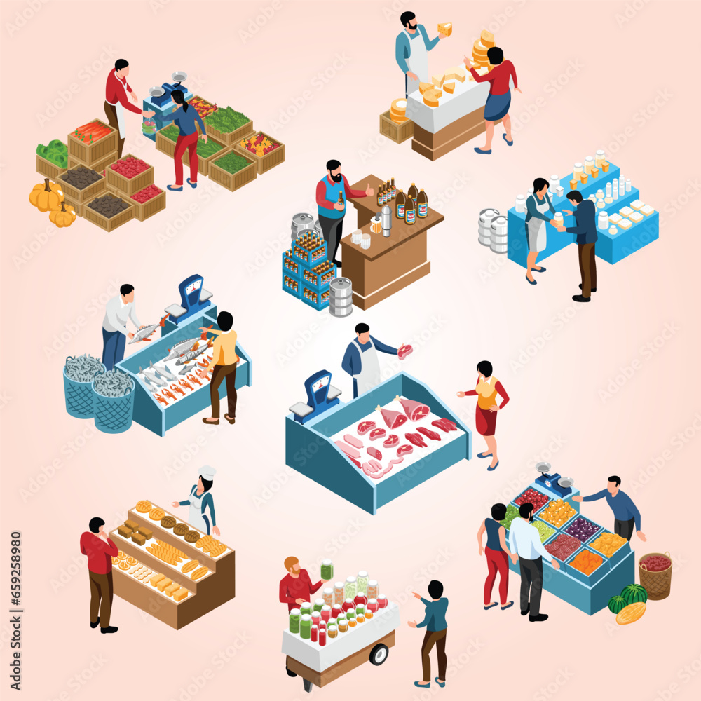 local farm market isometric set farmers selling fresh food own production isolated vector illustration