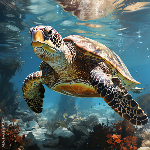 Sea Turtle Swimming in Coral Reef,turtle swimming in the sea