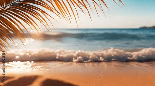 Golden Sand Beach with Blurred Palm Leaves for a Summer B