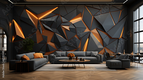 Sophisticated Interior with Black 3D Polygonal Wall photo