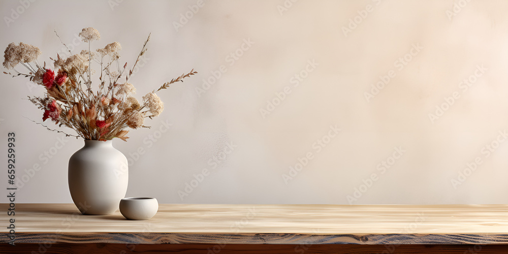 A Dried Flower Bouquet Gracing a Wooden Table with an Artistic Vase