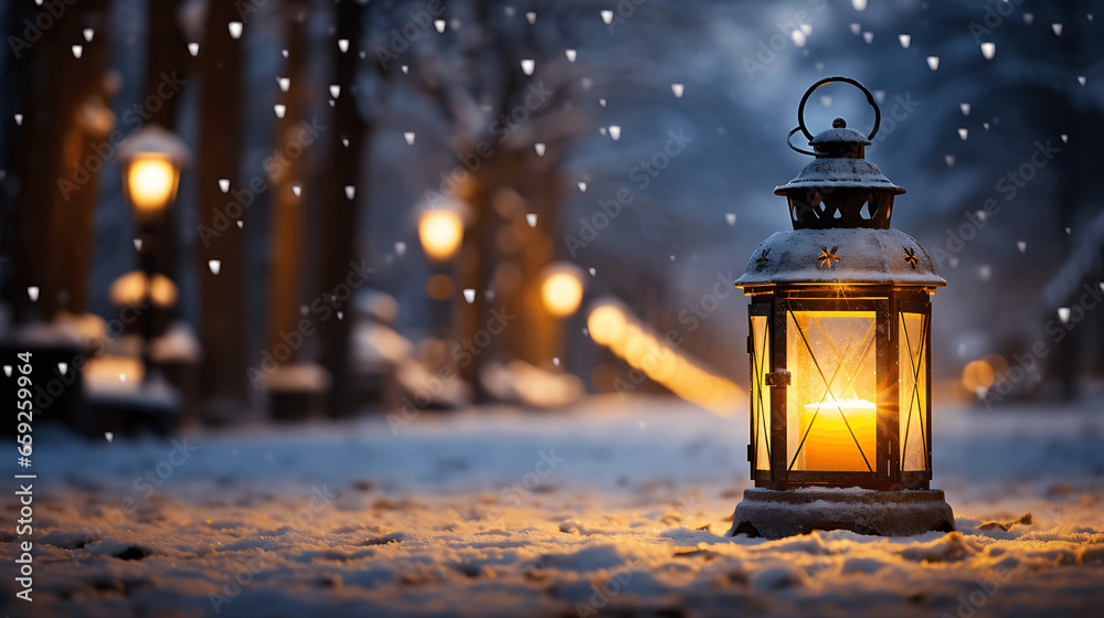 Winter Park with Lantern and Christmas Bokeh Winter Park with Lantern and Christmas Bokeh