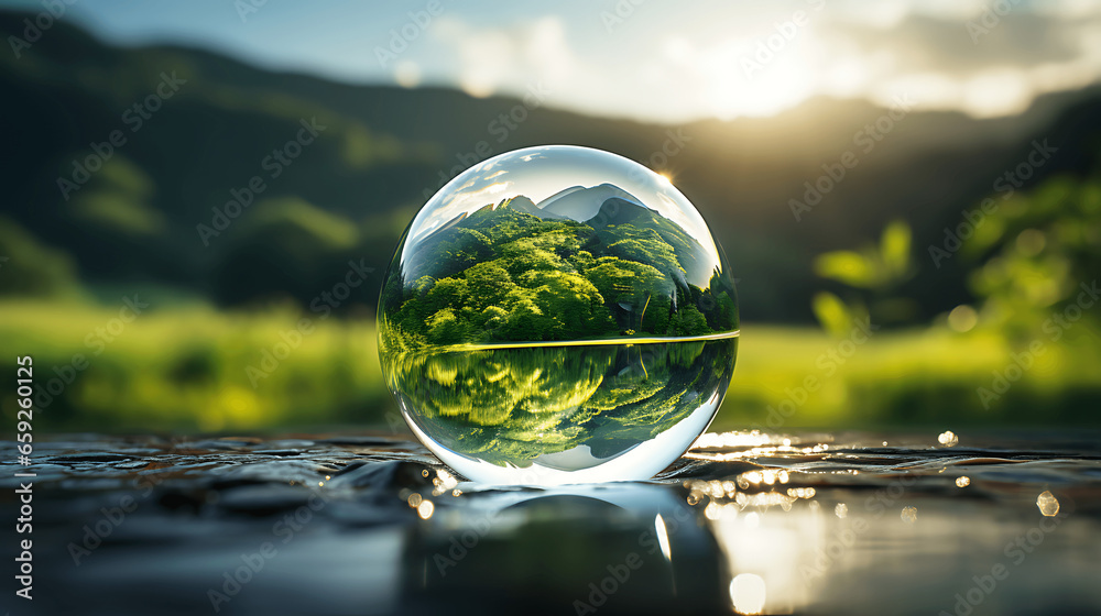 Large Water Drop Reflecting the Surrounding Green Environment