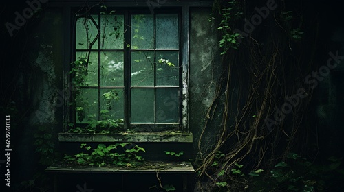 terrifying haunting beauty that cause nightmares and fears. a worn window, immersed in darkness.  generative AI 