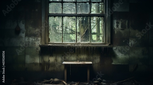 terrifying haunting beauty that cause nightmares and fears. a worn window, immersed in darkness.  generative AI 