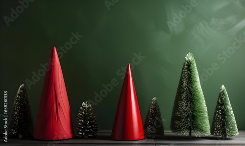 A minimalist Christmas background design. A green Christmas tree and red cones are placed in front of a vintage green backdrop. © Naige