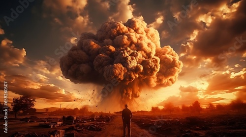 a man looked at the thick clouds that were very hot as a result of the explosion of war