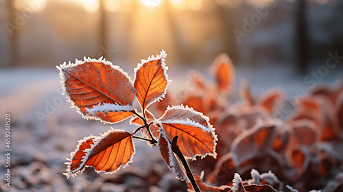 Crimson and Gold Autumn Leaves Encrusted with Morning Frost