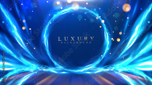 Dark stage scene with flame effects elements with glitter light decorations and bokeh. Luxury blue background.