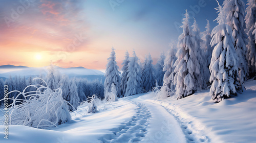 Winter Morning Landscape with Snow-Covered Path