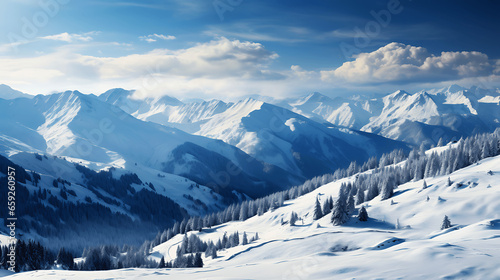 Mountainous Winter Landscape with Snow-Covered Fir Trees © L