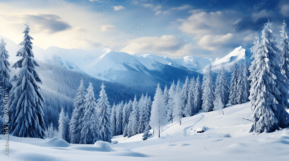 Mountainous Winter Landscape with Tall Snow-Covered Fir Trees