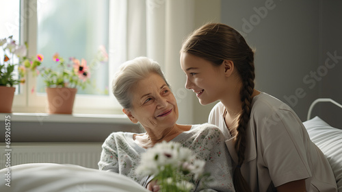 Granddaughter visiting her Grandmother in the hospital. International Day for the Elderly. Caring nurse helping elderly old woman care facility gets help from hospital photo