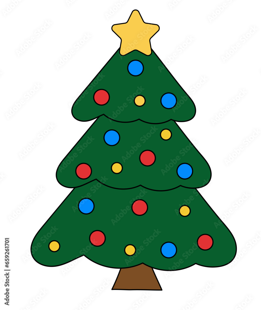 Christmas tree. Decorations star and balls. Vector flat illustration. Christmas tree. Decorations star and balls. Vector flat illustration.