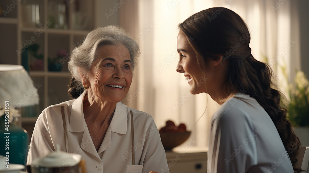 International Day for the Elderly. Caring nurse talking with elderly old woman specialist, teaching younger. Retirement, consulting and professional female nurse with elderly person smiling together International Day for the Elderly. Caring nurse talking with elderly old woman specialist, teaching younger. Retirement, consulting and professional female nurse with elderly person smiling together