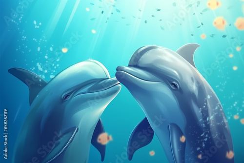 cartoon illustration, a pair of dolphins kissing