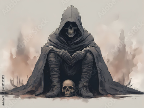 A demonic entity sitting with a skull in the dark