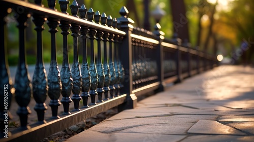 Outdoor barrier made of iron railing with sunshine photo