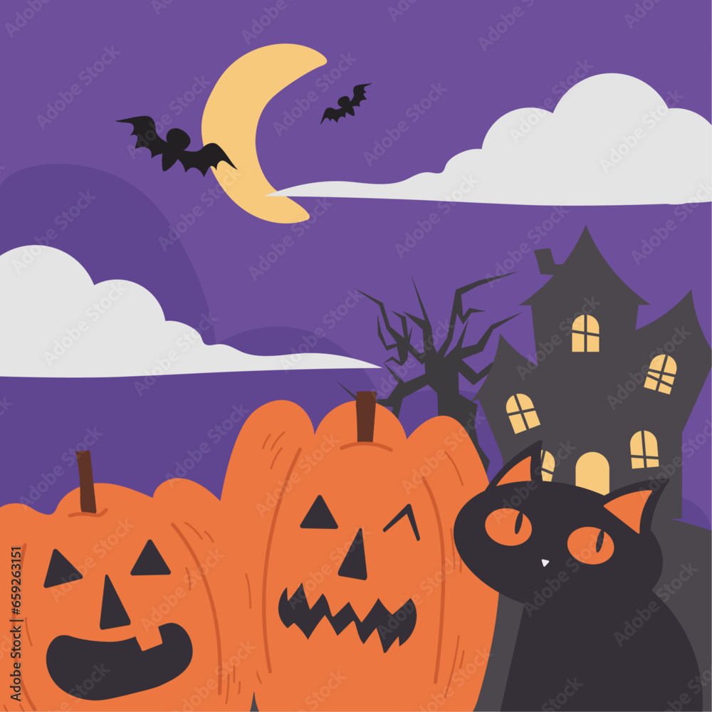 halloween night horror pumpkin cat creepy in flat illustration