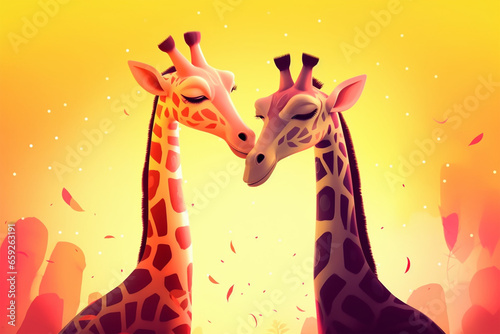 cartoon illustration  a pair of giraffes kissing