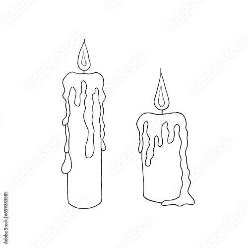 Set of hand drawn candles. Vector illustration. For coloring, advertising, packaging, invitations, business cards, postcards, printing