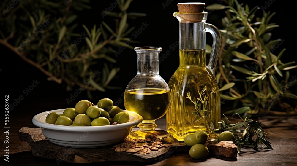 Olive oil with bottle and glass are on the wooden table
