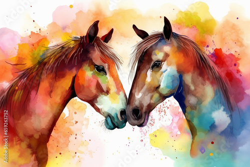 cartoon illustration, a pair of horses kissing