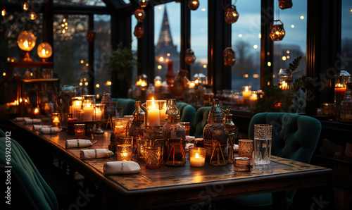 Warm Ambiance in a Cozy Restaurant,interior of restaurant,tables in restaurant © nientsu